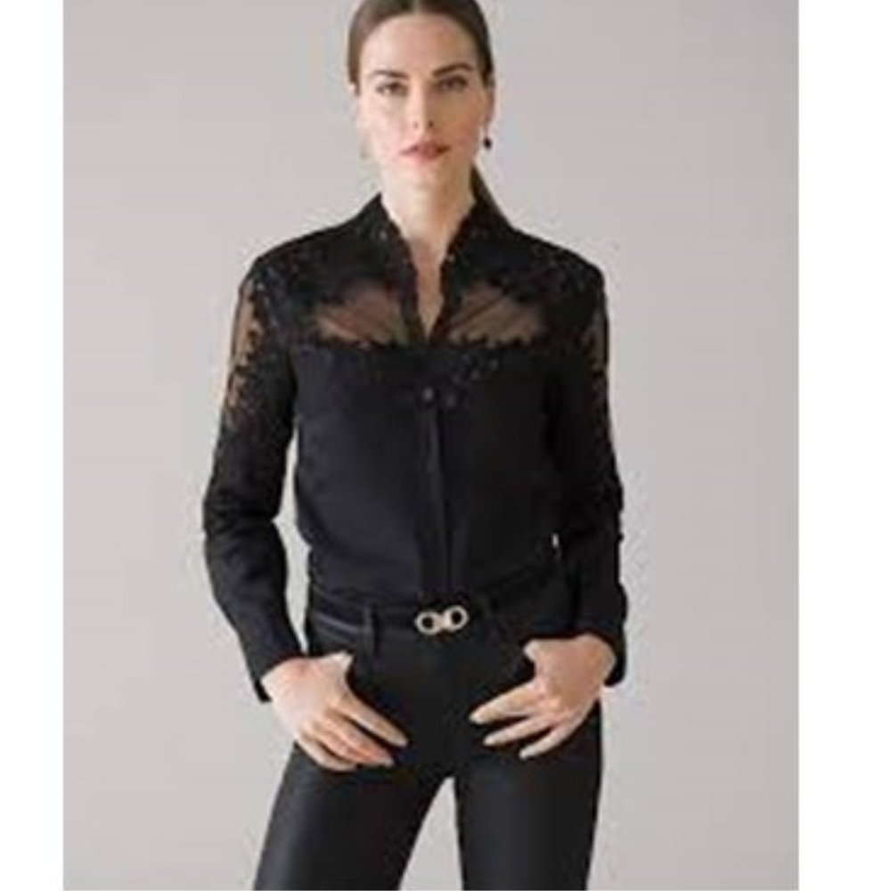 White House Black Market Sheer Lace-Accent Black Blouse - Picture 3 of 10